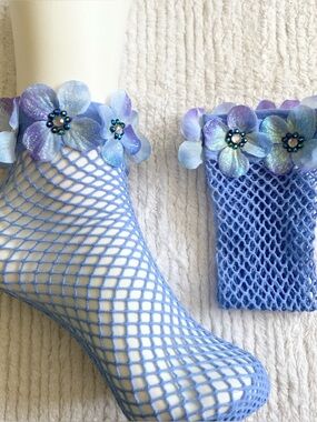 Fishnet Ankle Socks BLUE Wedding Prom Anklets Rhinestone Flower Embellished